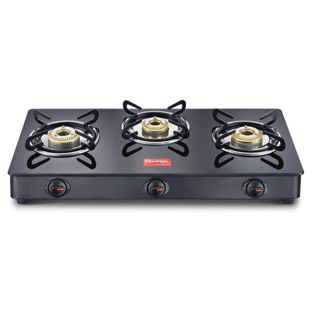 Prestige IRIS Toughened Glass-Top 3 Brass Burner LPG Gas Stove | Black Spill Proof Design | Ergonomic Knob | Tri-Pin Burners |Open 