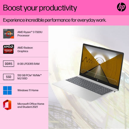 HP 15 AMD Ryzen 3 7320U (8GB Ram/512GB SSD/Fhd/15.6" (39.6 Cm)/Backlit Keyboard/Windows 11/Ms Office 21/1.59Kg/Silver) Fc0026Au Laptop 