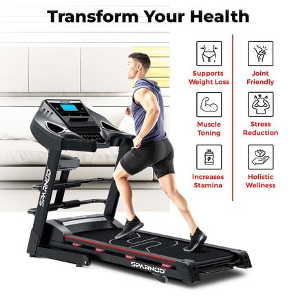 Sparnod Fitness STH-3600 Multifunction Treadmill for Home Use, 4 HP Peak DC Motor, 16 Km/H, Advanced Console with 12 Pre-Set, Massager, Supports 110 Kg User Weight Hydraulic Foldable Inbuilt Speakers 