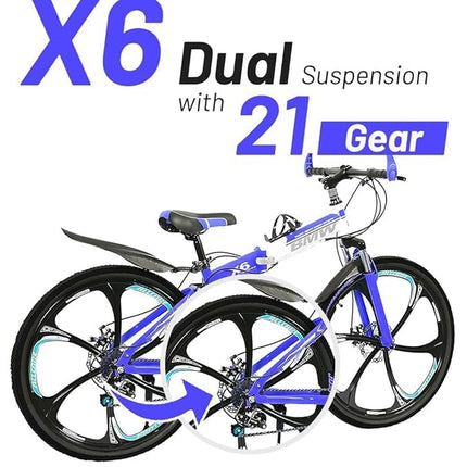 Amaze Kai Dual Suspension Bikes Latest Bmv Foldable Gear Cycle for Men with 21 Speed Gear 6 Spoke | Folding Mountain Bike with Double Disc Break & Mac Wheel, 26 Inch, (Blue) 