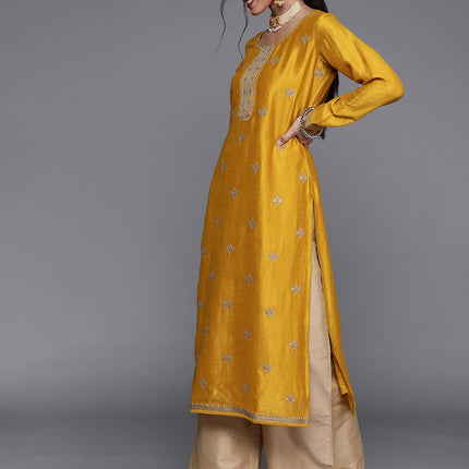 Libas Women's Silk Embellished Straight Kurta (23491O_Yellow 