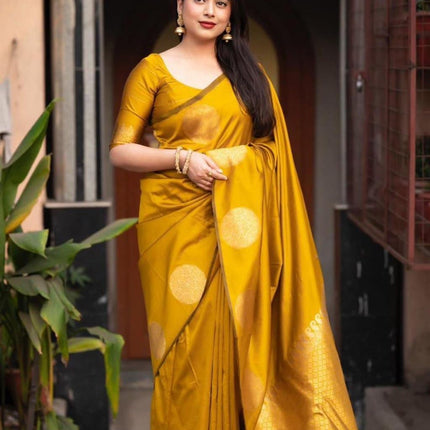 C J Enterprise Women's Banarasi Saree Pure Kanjivaram Silk Saree Soft Design Wear Pattu Sarees Latest Cotton With Blouse Piece Kanchipuram for Wedding sadi new ladies 2025 (KeriGola-51) (Yellow) 