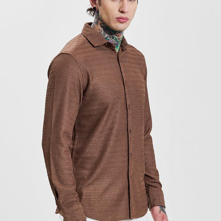 SNITCH Men Casual Shirt | Slim Fit Full Sleeve Classic Collar Textured Design | Premium Polyester Blend & Comfortable Fabric Semi-Formal Events ||Rich Earthy Brown 