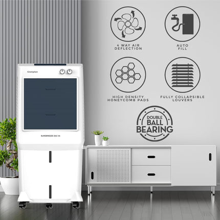 Crompton Surebreeze Desert Air Cooler-95L; Auto Fill, 4-Way Air Deflection and High Density Honeycomb pads. 