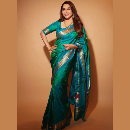 SGF11 Women's Paithani Kanjivaram Soft Silk Saree With Blouse Piece (Sea Green) 