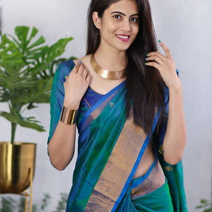 SGF11- Women's Kanjivaram Zari Woven Soft Silk Saree With Unstiched Blouse Piece (Rama Green) 