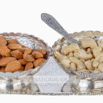 INTERNATIONAL GIFT German Silver Brass Round Bowl Set with Tray and Spoon with Royal Royal Luxury Velvet Box Used for Dry Fruit, Sweets and Home Decor 