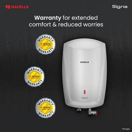 Havells Signa 5 Litre Instant Water Heater(Geyser)| Twin LED Indicator| Rust and Shock Proof Body| ISI Marked| Fire Retardant Power Cord| Warranty: 5 year on inner tank & 2 year comprehensive (White) 