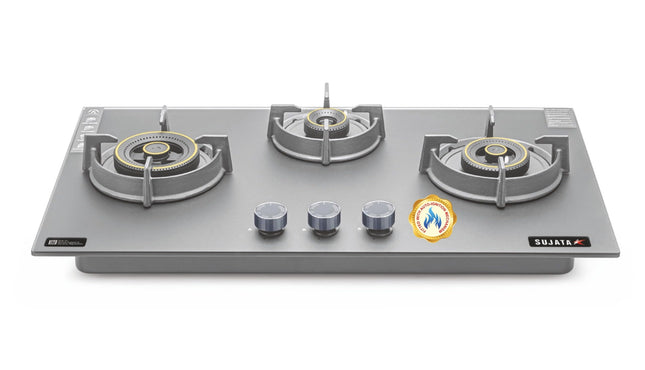 Sujata 3 Burner Gas Stove Glass Top | 5 Years Warranty | Auto Ignition Gas Stove 3 Burner, Hob Top 3 Burners, SABAF, LPG & PNG Compatible, Brass Burner (Palladium FFD AI - Black) 