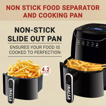 INALSA Air Fryer 4.2 ltr|1400 W with Air Crisp Technology|Temperature & Timer Control|8 Preset Menu & Digital Display|Air fry, Bake,Roast,Reheat,Dehydrate|Airfryer Recipe book(Tasty Fry Digital) 