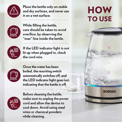 Borosil Electric Glass Kettle, Borosilicate Glass, Extra Long Cord, Dry-boil Protection, 360° Rotating Base, 1.8 L, Transparent 
