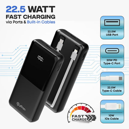 pTron Dynamo Power 20000mAh 22.5W Super Fast Charging Power Bank with Quick Charge & 20W Power Delivery, Built-in Charging Cables, 4 Outputs, Type-C Input/Output Port & LED Battery Display (Black) 