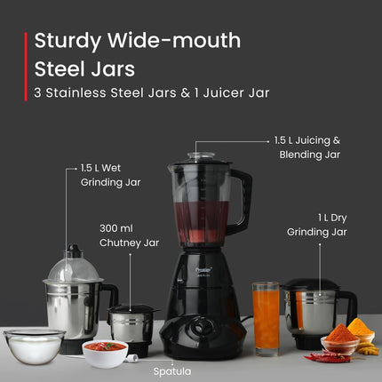 Prestige Iris 750 Watt 4 Jar Mixer Grinder | 3 Stainless Steel Multipurpose Jars and 1 Juicer Jar | Black | 750W 