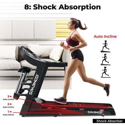 Sparnod Fitness STH-3600 Multifunction Treadmill for Home Use, 4 HP Peak DC Motor, 16 Km/H, Advanced Console with 12 Pre-Set, Massager, Supports 110 Kg User Weight Hydraulic Foldable Inbuilt Speakers 