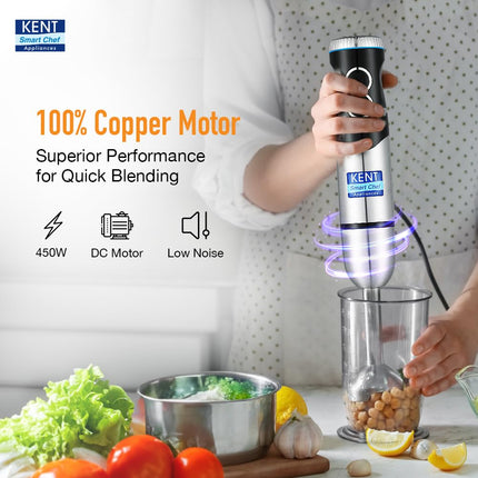 KENT SS Hand Blender 450W | Variable Speed Control | Turbo Switch For Fast Blending | Detachable Shaft For Easy Cleaning | Hot & Cold Blending | Low Noise Dc Motor - Stainless Steel, 450 Watts, Silver 