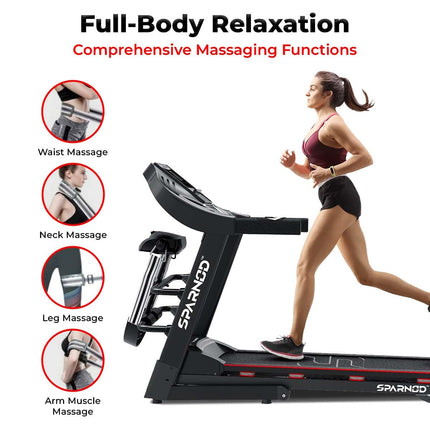 Sparnod Fitness STH-3600 Multifunction Treadmill for Home Use, 4 HP Peak DC Motor, 16 Km/H, Advanced Console with 12 Pre-Set, Massager, Supports 110 Kg User Weight Hydraulic Foldable Inbuilt Speakers 
