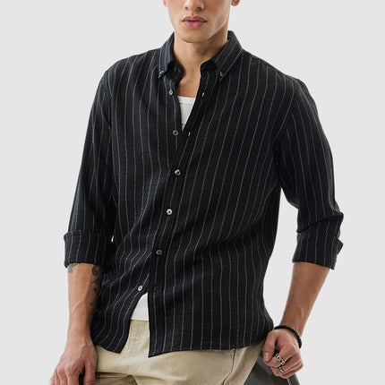SNITCH Mens Black Button Down Collared Full Sleeve Curve Hem Cotton Casual Light Weight Stripes Slim Fit Shirt 