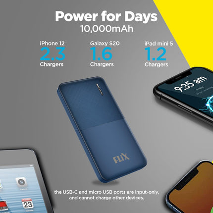 FLiX(Beetel) New Launch PowerXtreme 10,000mAh 12W Slim Power Bank,USB C/Micro USB Input,Dual USB A Output,Compatible with iPhone (Type A to Lightning), Samsung, Google Pixel, Oneplus(Cobalt Blue-P10)
