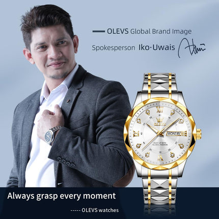 OLEVS Watches for Men Diamond Date Day Calendar White Wrist Watches Quartz Analog Stainless Steel Business Two Tone Waterproof Luminous Men Watch 