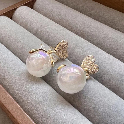 DZOIR Heart Shaped Pave Cubic Zirconia Earrings with Opalescent Bead Drop | Rose Gold Plated Pearl Stud Earrings | Cute Korean-Inspired Jewelry for Women & Girls