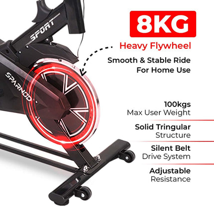 SPARNOD FITNESS SSB-08 Spin Bike Exercise Cycle For Home Gym With 8kg Flywheel, LED Display, Pulse Sensor, Adjustable Resistance, Silent Belt Drive,4-Way Adjustable Cushioned Seat And 2-Way Handlebar 