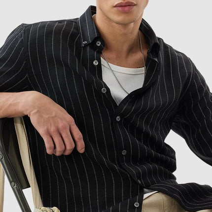 SNITCH Mens Black Button Down Collared Full Sleeve Curve Hem Cotton Casual Light Weight Stripes Slim Fit Shirt 