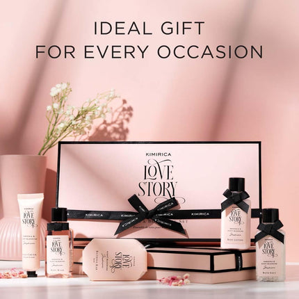 Kimirica Love Story Luxury Bath and Body Care Gift Set Box | Bath Salt, Body Wash, Body Lotion, Bathing Bar and Hand cream | Pack of 5 | For Men and Women | Pampering Kit for Birthday ,Anniversary & All Special Occasions | Premium Gift Packaging 100% Vega 