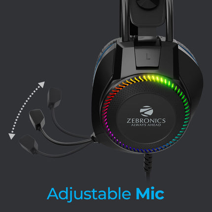ZEBRONICS Jet Premium Wired Gaming On Ear Headphone with LED Light for earcups, 40mm Neodymium Drivers, 2 Meter Braided Cable, Flexible mic, Suspension Headband, 3.5mm + USB Connector (Black + Blue) 