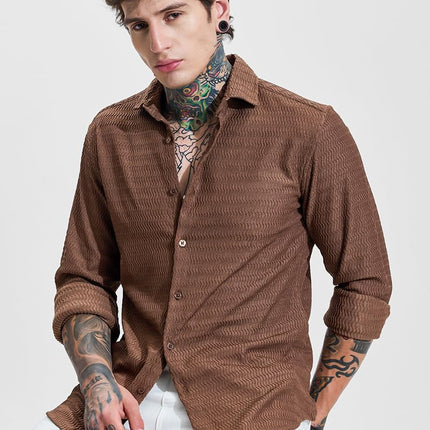 SNITCH Men Casual Shirt | Slim Fit Full Sleeve Classic Collar Textured Design | Premium Polyester Blend & Comfortable Fabric Semi-Formal Events ||Rich Earthy Brown 