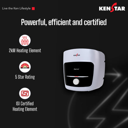 Kenstar Marvel 10-L, 5 Star Rated Storage Water Heater with Superior Glassline Coated Tank, Powerful 2000W Heating Element, Rust Proof Plastic Body and Advanced 3 Level Safety|(White and Blue) 