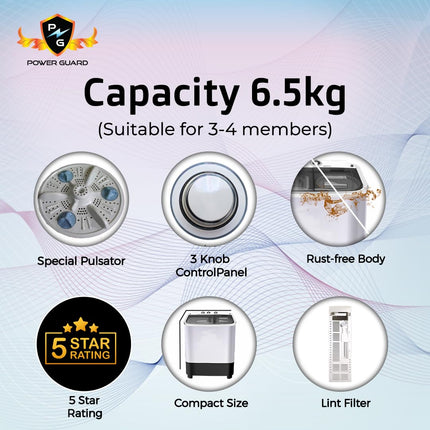 Power Guard 6.5 kg 5 Star Semi-Automatic Top Loading Washing Machine Appliance (2024 Model,PG65WM-Bk-OP, Black, Powerful Motor,Effective Wash Pulsator,1350 RPM & Castors) 