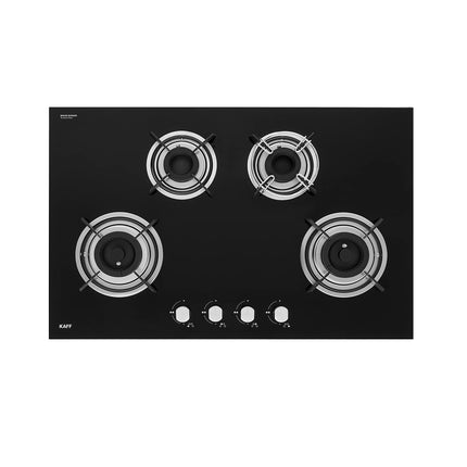 KAFF Built-in Hobs 4 Burners, Auto Electric Ignition Glass Top, 80 CM, Powerful Brass Burners, 8 MM Thick Toughened Glass, Enamelled Matt Grills (Black) | HBR 804 
