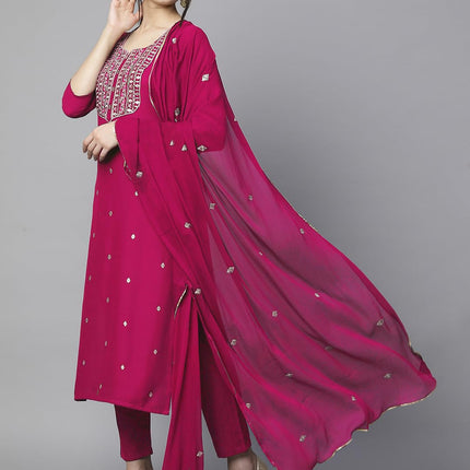 GoSriKi Women's Cotton Blend Embroidered Straight Kurta with Pant & Dupatta (Kasturi Pink-APL-GS_XL_Pink_X-Large) 