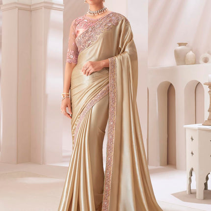 AKHILAM Women's Cream Pure Chiffon Embellished Saree With Unstitched Blouse (SNDLWOD1303_TFH) 