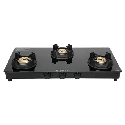 Faber 3 Burner Auto-Ignition Cooktop| ONYX AI 3BB BK |Black ABS Knobs|' Brass Burners| Cast Iron Pan Support| Black Glass Finish |7 Yrs Warranty Glass & 5 Yrs on Burner & Valve | 2 Yrs Comprehensive 