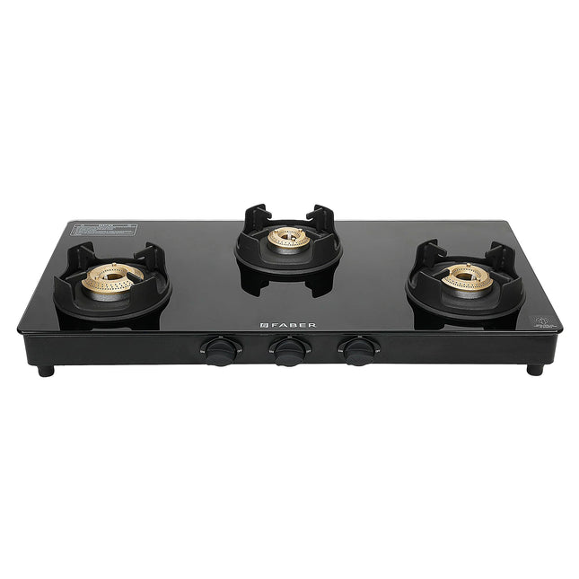 Faber 3 Burner Auto-Ignition Cooktop| ONYX AI 3BB BK |Black ABS Knobs|' Brass Burners| Cast Iron Pan Support| Black Glass Finish |7 Yrs Warranty Glass & 5 Yrs on Burner & Valve | 2 Yrs Comprehensive 