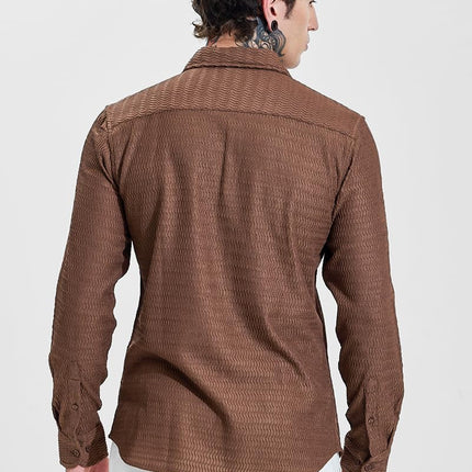 SNITCH Men Casual Shirt | Slim Fit Full Sleeve Classic Collar Textured Design | Premium Polyester Blend & Comfortable Fabric Semi-Formal Events ||Rich Earthy Brown 