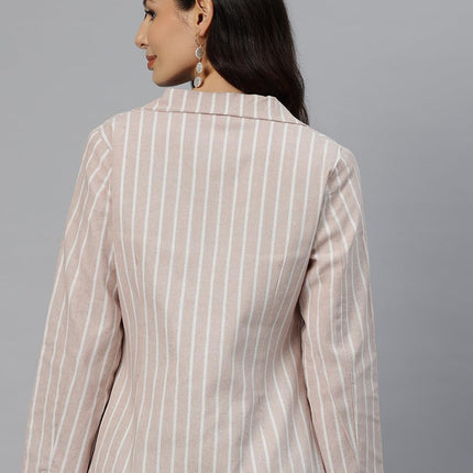 Cottinfab Women Beige & White Striped Long Sleeves Single-Breasted Pure Cotton Casual Blazer 