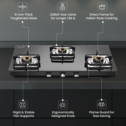 Sujata Classic Auto Ignition Gas Stove | 9 Years Warranty | 3 Burner Gas Stove Glass Top, Stove 3 Burner, SABAF, ISI Certified, LPG & PNG Compatible, Jumbo Brass Burner (Black) 