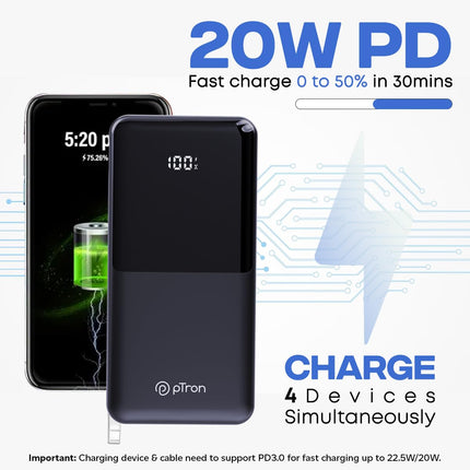 pTron Dynamo Power 20000mAh 22.5W Super Fast Charging Power Bank with Quick Charge & 20W Power Delivery, Built-in Charging Cables, 4 Outputs, Type-C Input/Output Port & LED Battery Display (Black) 