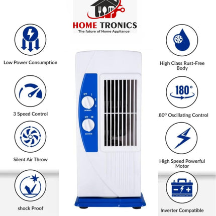 Hometronics Tower Fan For Home| Lightweight Portable Tower AC| Tough Blower With 3 Speed Control| Cooler for home|, Low Power Consumption and Anti-Rust Body, (BLUE & WHITE) 