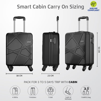 Safari Polypropylene (Pp) Pentagon Hardside Small Size Cabin Luggage Suitcase 4 Spinner Wheels Trolley Bags for Travel Black Color 55 Cm 