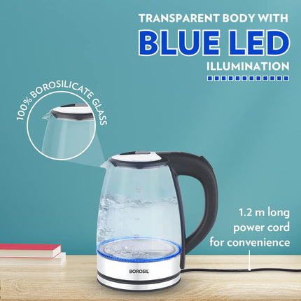 Borosil Electric Glass Kettle, Borosilicate Glass, Extra Long Cord, Dry-boil Protection, 360° Rotating Base, 1.8 L, Transparent 
