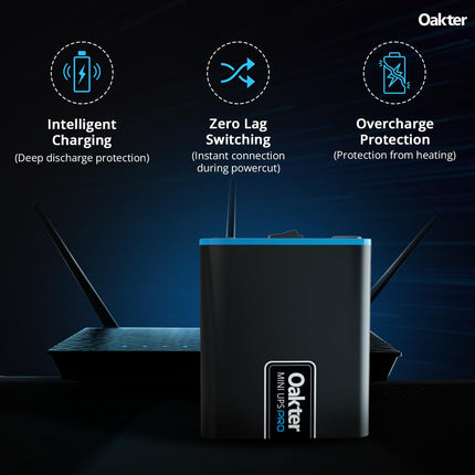 Oakter Mini UPS PRO for High Capacity WiFi Routers 12V & Upto 3A | Power Backup Upto 8 Hours | Supports Jio, Airtel & Other Routers | 12 Months Warranty | Current Surge & Deep Discharge Protection | 