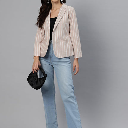 Cottinfab Women Beige & White Striped Long Sleeves Single-Breasted Pure Cotton Casual Blazer 
