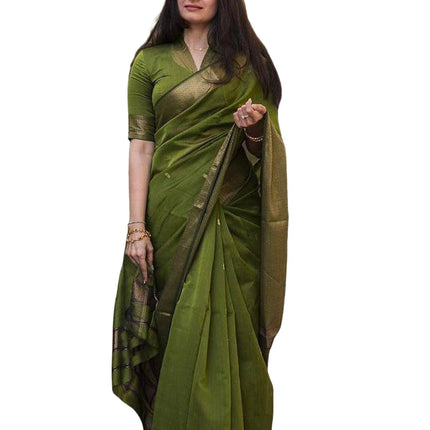 SIRIL Women's Soft Silk Saree | Banarasi Silk Sari | Jacquard Zari Work Saree With Unstitched Blouse Piece (4051S599_Olive Green) 