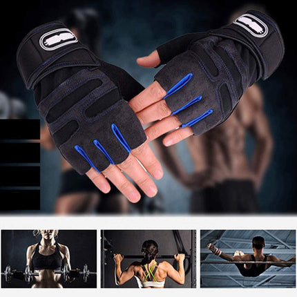 Alexvyan Imported Long Strap Gym and Fitness Sports Protective Half Finger Hand Riding, Cycling, Bike Motorcycle Gloves for Men and Boy (Black and Blue, Universal) 