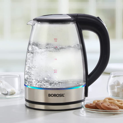 Borosil Electric Glass Kettle, Borosilicate Glass, Extra Long Cord, Dry-boil Protection, 360° Rotating Base, 1.8 L, Transparent 