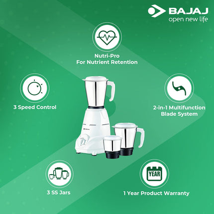 Bajaj Shield Series New Shakti 10L Vertical Storage Water Heater Titanium Armour 4 Star BEE Rated & Bajaj Rex Mixer Grinder 500W Nutri-Pro 3 SS Jars White 