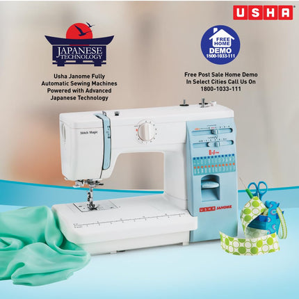 Usha Janome Automatic Stitch Magic Sewing Machine with 57 Stitch Function(White And Blue) 